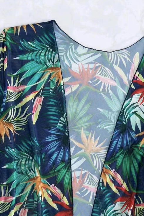3pcs Tropical Contrast Trim Halter Bikini Set with Cover up